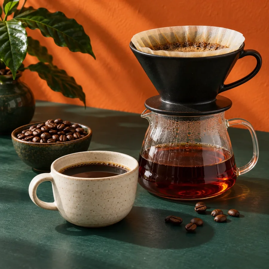 Filtro, jarra y taza de café en una composición conceptual verde y naranja